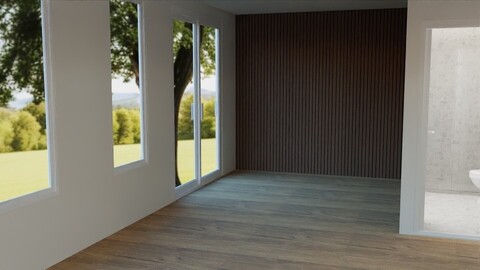 The Mesa - Interior view with wood accent wall and panoramic windows