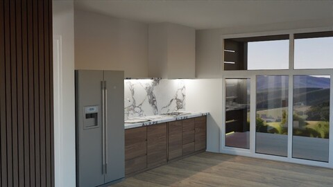 The Mesa kitchen with marble backsplash and wood cabinetry