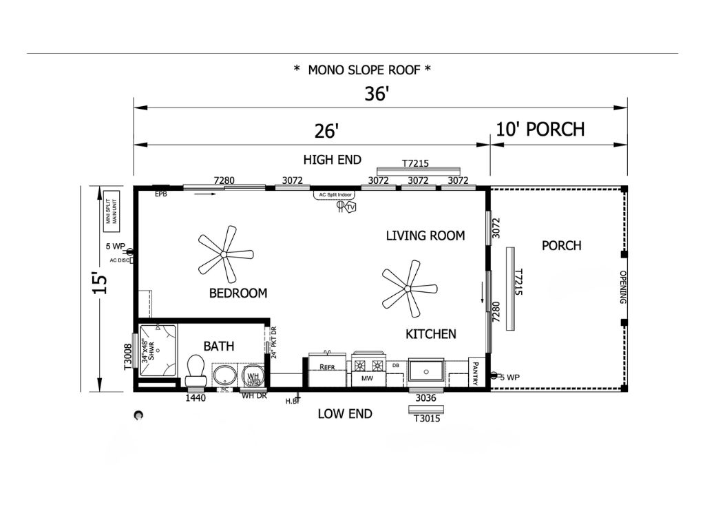 The Mesa floor plan - 399 sq ft layout with bedroom, bathroom, kitchen and living area