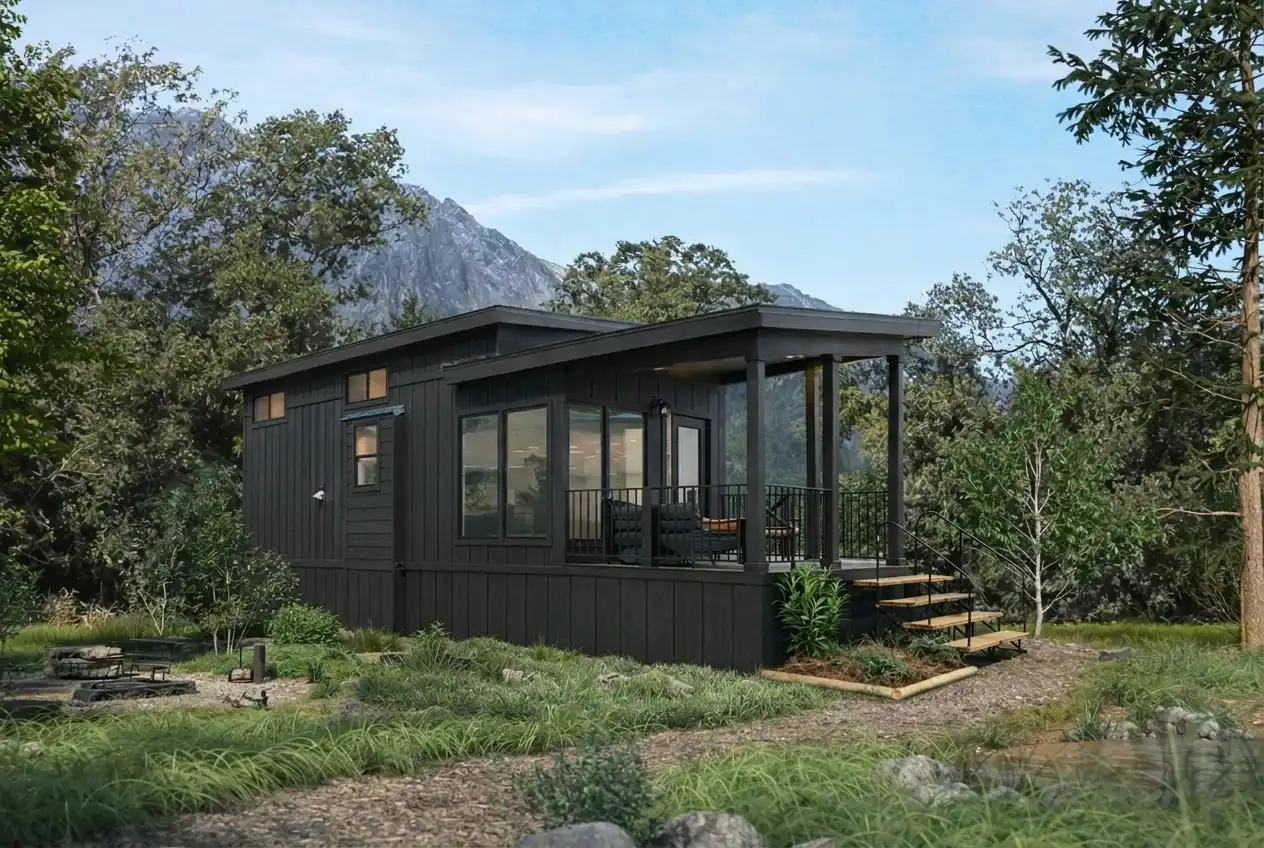 The Loft - dark exterior with covered porch