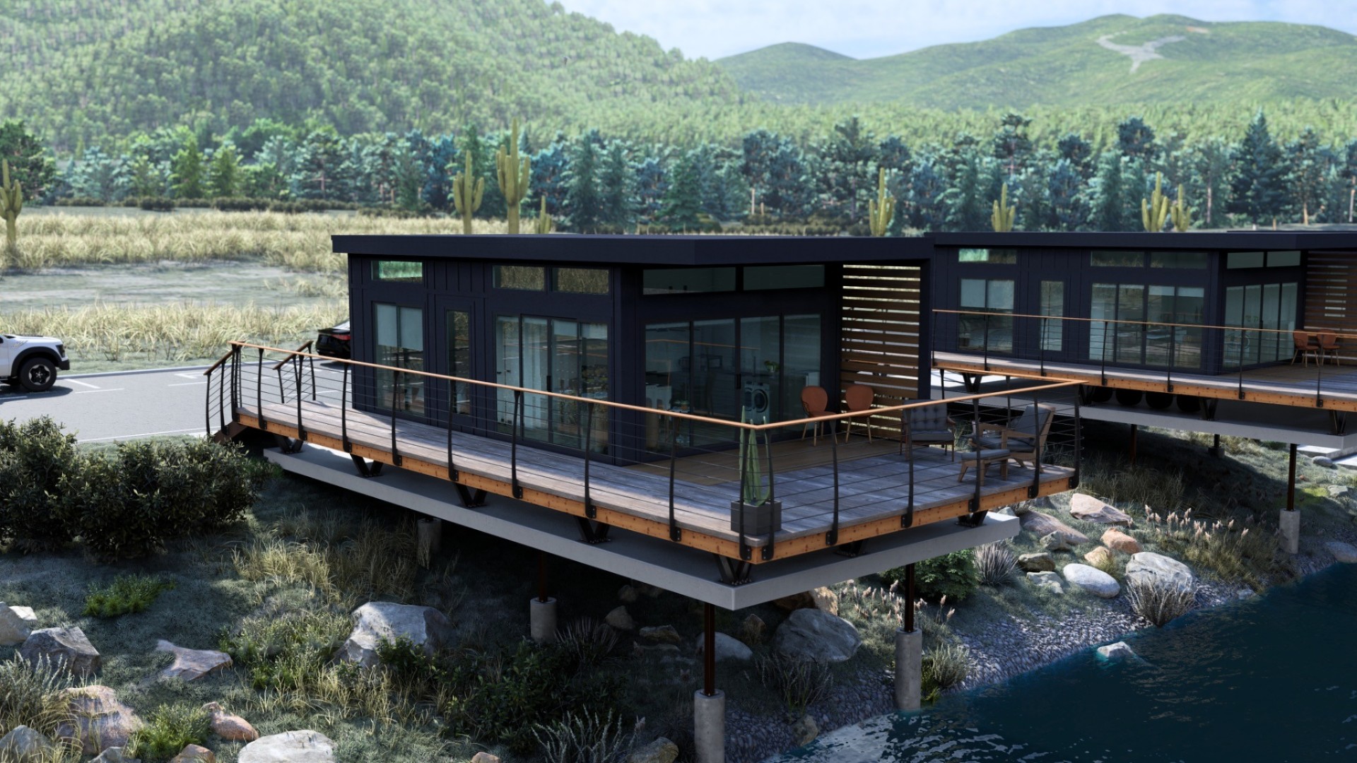 MDU Home exterior on stilts over water