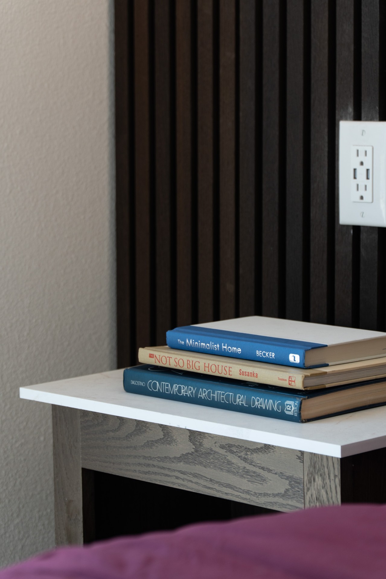 Nightstand books and USB outlet detail
