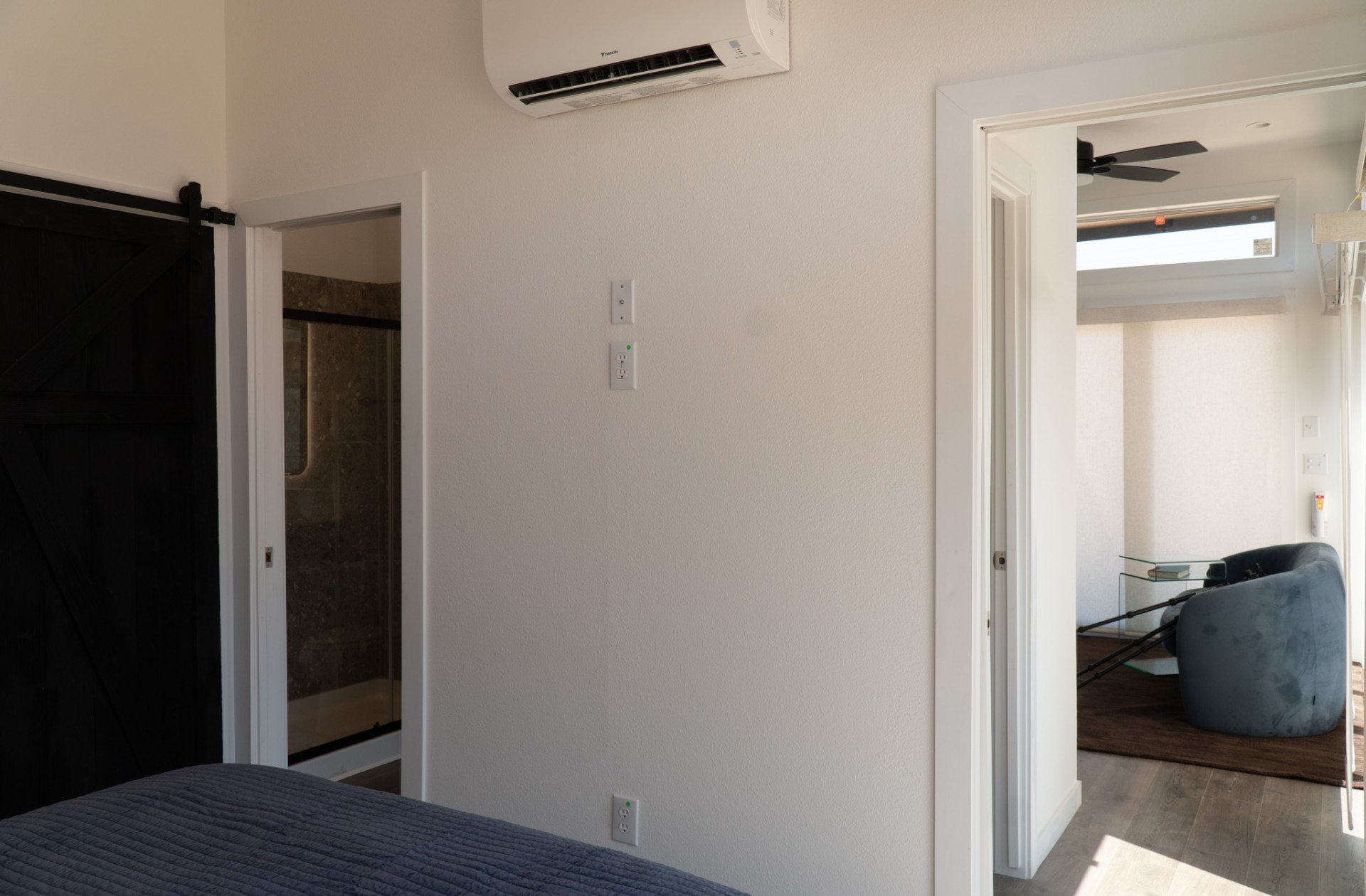 Bedroom view to bathroom and living room